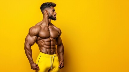 Muscular Male Model Posing Confidently Against Vibrant Yellow Background Showcasing Strength and Fitness in Stylish Activewear for Dynamic Stock Photo