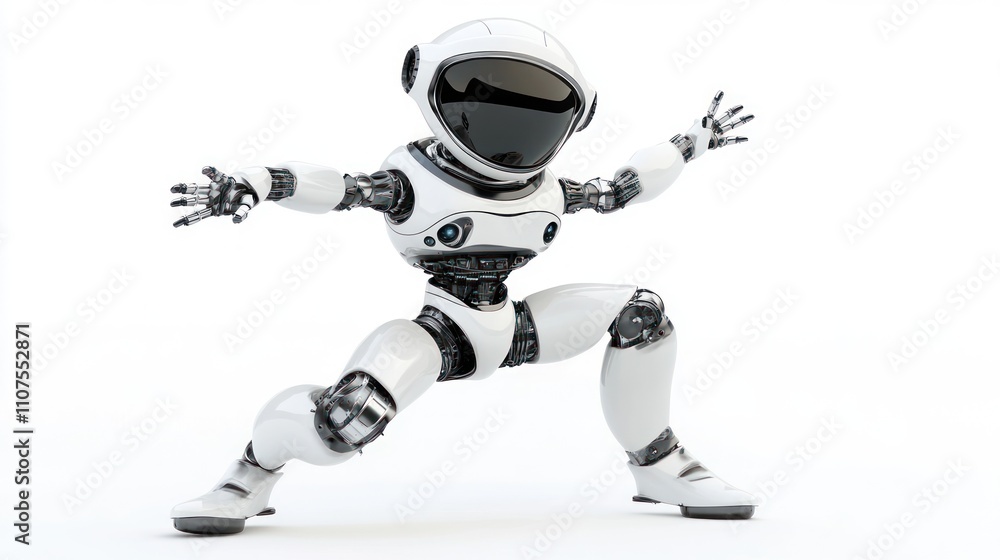 Poster a futuristic humanoid robot in a dynamic pose, showcasing advanced technology and design.
