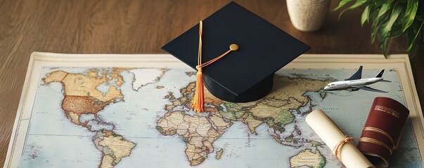 Graduation cap, diploma, airplane model and world map inspiring study abroad concept
