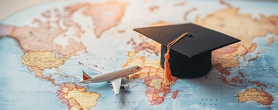 Graduation cap and airplane model standing on world map symbolizing travel opportunities after graduation