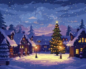 Winter Wonderland: A charming pixelated landscape of a snowy village under a starry night sky, with a beautifully decorated Christmas tree in the center, radiating festive cheer.  