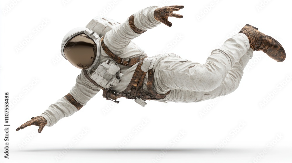 Poster an astronaut in a spacesuit appears to float in a zero-gravity environment.