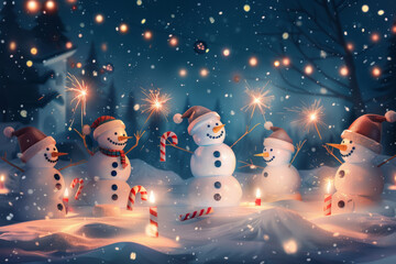Festive snowmen celebration with sparklers and candy canes in a winter wonderland