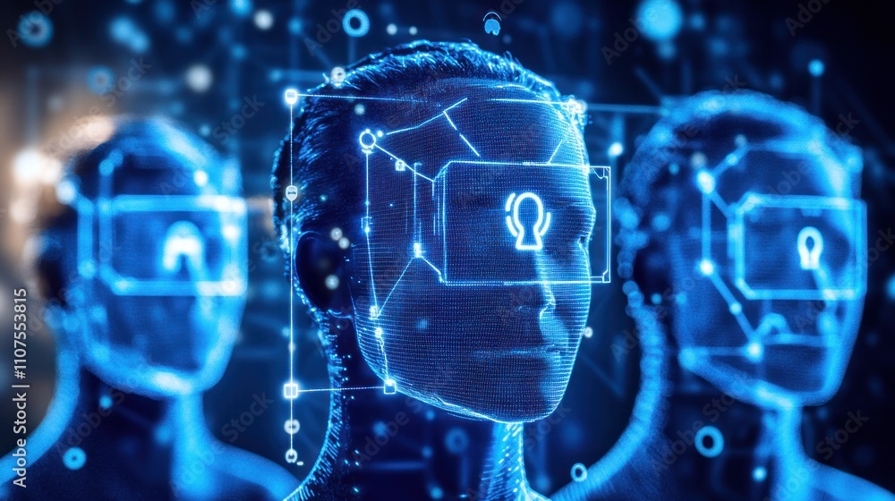 Poster futuristic depiction of virtual reality users with digital elements