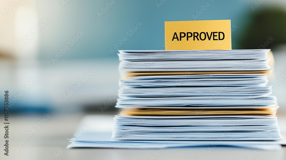 Poster approved documents stacked neatly, symbolizing success and organization. this conveys sense of accom