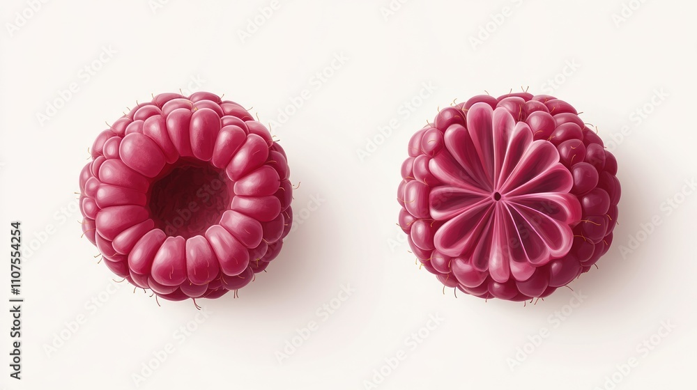 Poster two stylized raspberry illustrations showcasing their unique shapes and textures.