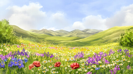 Fototapeta premium Vibrant watercolor background featuring a field of colorful spring flowers with mountains in the distance, embodying the essence of spring, cheerful atmosphere, copy space