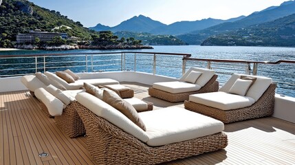 Obraz premium Relaxing on a luxury yacht deck mediterranean coast outdoor lifestyle serene environment scenic view leisure concept