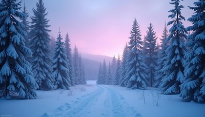A snow-covered path with soft footsteps leading through a serene winter forest, subtle texture of snow and frost, minimal yet peaceful