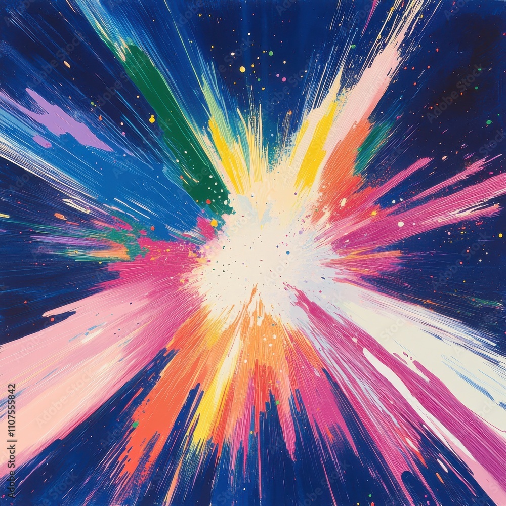 Poster vivid abstract explosion of color against a dark blue background, capturing the energy and chaos of 