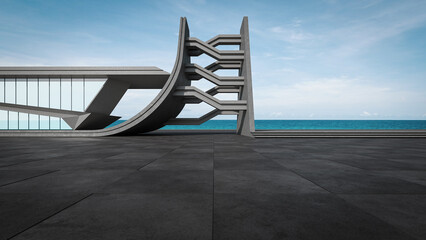 Abstract building with empty parking, concrete floor, and sea view. 3D rendering car scene background.