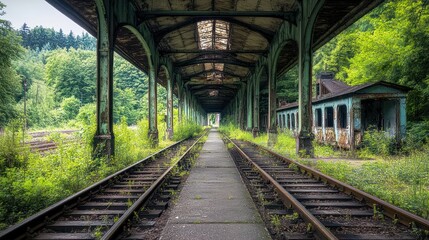 Obraz premium Abandoned railway stations with overgrown tracks and empty platforms, frozen in time