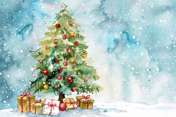 Obraz premium Watercolor christmas tree with snow and gifts