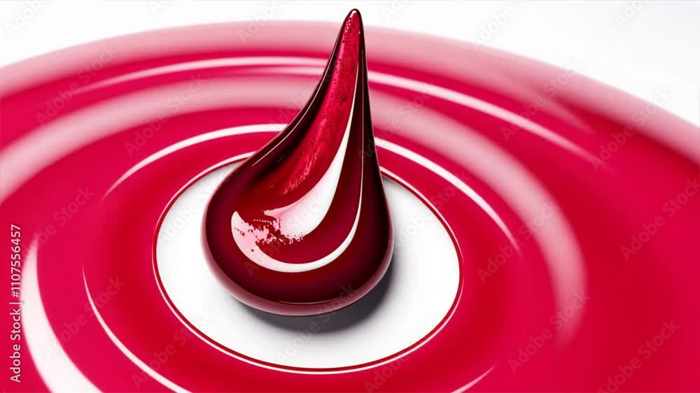 Poster elegant red droplet reflection glossy fluid art design on white background showcasing vibrant color 
