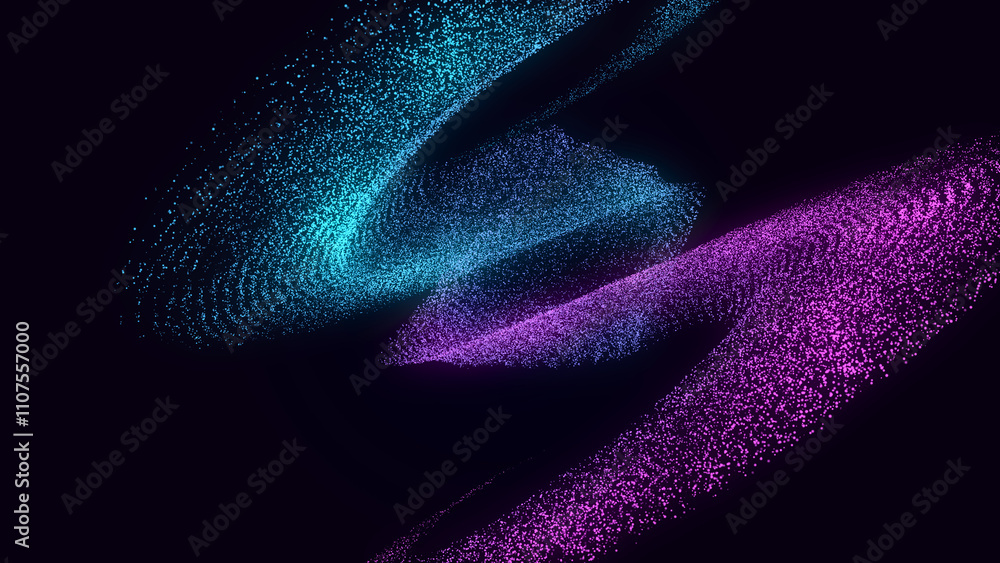 Poster Collection of bright dots on a dark background. Abstract sound wave of particles. Data network. 3D rendering.