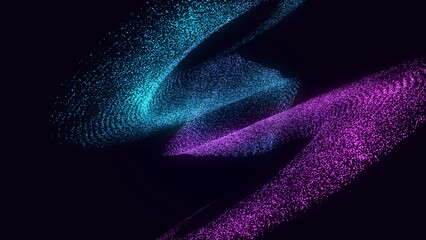 Collection of bright dots on a dark background. Abstract sound wave of particles. Data network. 3D rendering.