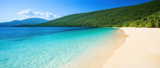 Obraz premium Tropical beach clear turquoise water and lush green hills in background