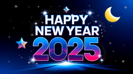 Happy New Year 2025 , new year 2025 typography Christmas season Festive Fireworks Background Greeting Card Banner illustration with fire works on sky 