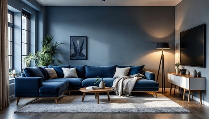 A contemporary living room with a comfortable sofa, a stylish lamp, and a large window