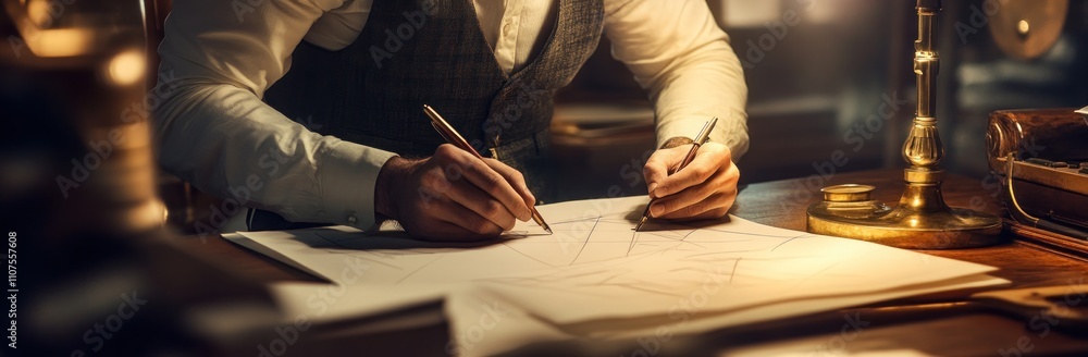 Poster A person sketching designs on paper with two pens in a well-lit workspace.