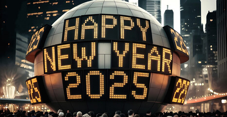 Happy New Year 2025 , new year 2025 typography Christmas season Festive Fireworks Background Greeting Card Banner illustration with fire works on sky 