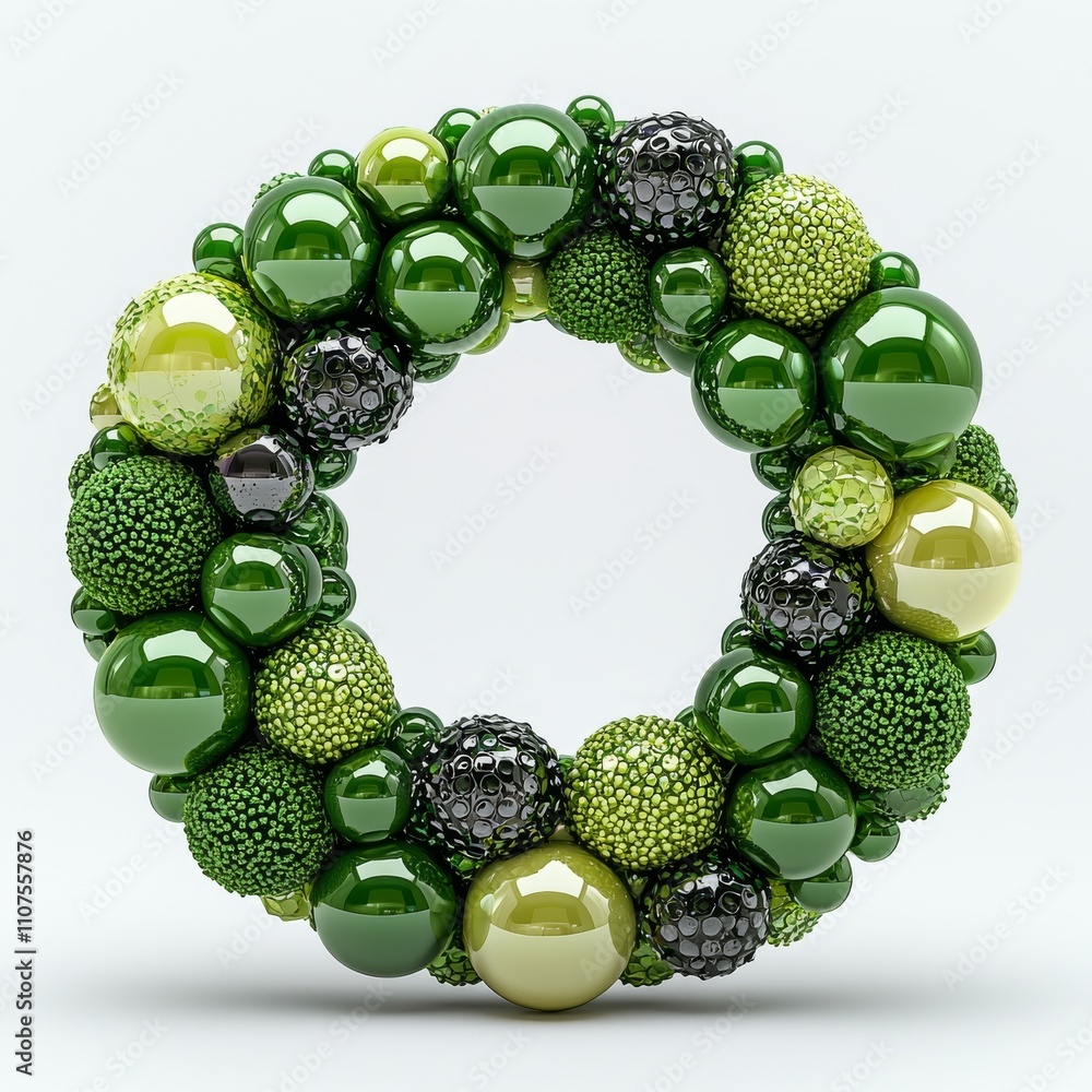 Poster an abstract 3d geometric shape, enhanced with spheres of multiple sizes. isolated cloned spheres spr