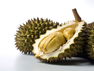 Obraz premium Close-up of a ripe durian fruit, partially opened revealing creamy yellow flesh and seeds against a white background.