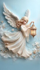 A delicate angel with flowing wings, holding a small lantern, soft golden accents on a pale sky-blue background