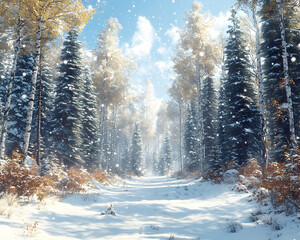 Fototapeta premium Sunlit snowy path through winter forest. (2)