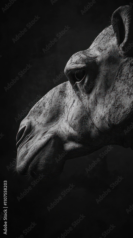 Poster a close-up, monochromatic image of a camel's head, highlighting its features.