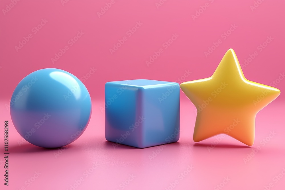 Poster an assortment of 3d objects featuring elementary polygon shapes, rendered in isometric view, exhibit