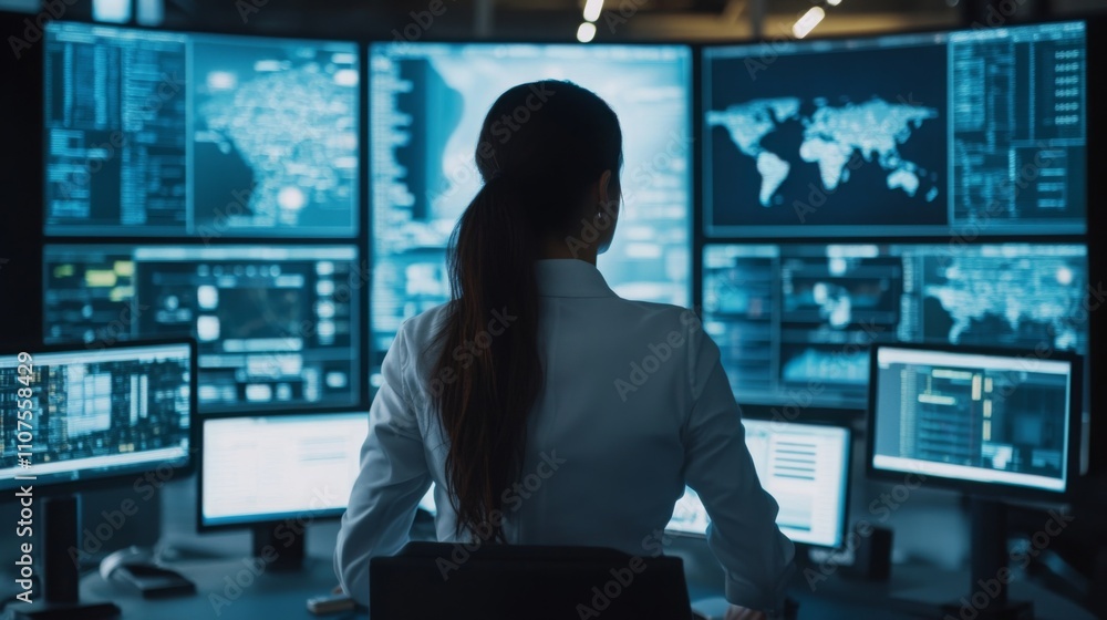 Poster A woman in a white blouse focuses intently on multiple screens displaying complex data and maps. The dimly lit control room highlights her concentration as she analyzes information late at night.