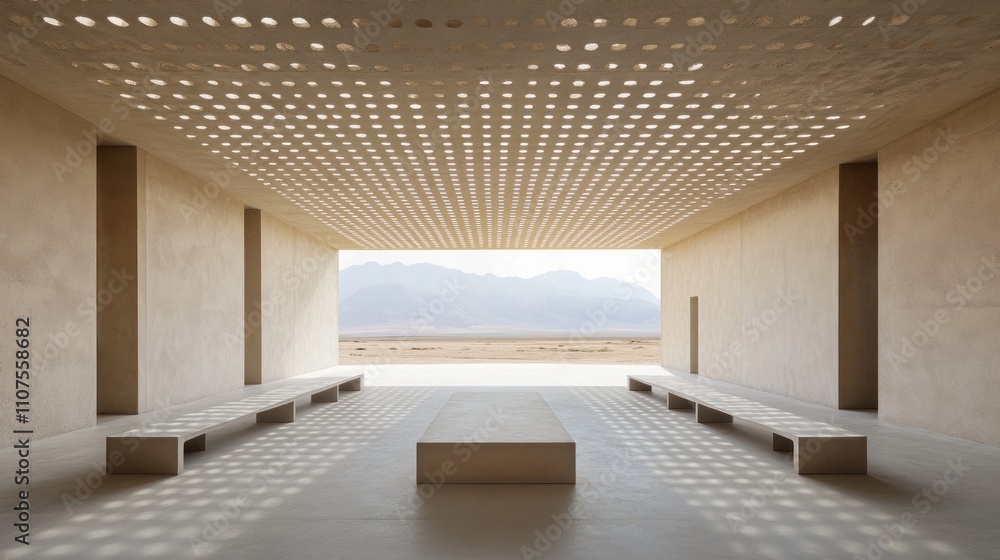 Poster a minimalist architectural space with natural light and a scenic view of mountains.