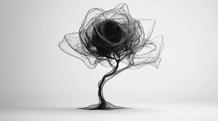 Abstract Wireframe Tree with Black Swirl Canopy. A minimalistic digital artwork of a tree made from intricate black wireframe lines. concept of mystery, nature and abstraction. Generative AI