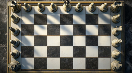 Close up a chessboard set with white chess pieces aligned on one side, symbolizing strategic planning, decision-making, and competitive business tactics. Generative AI