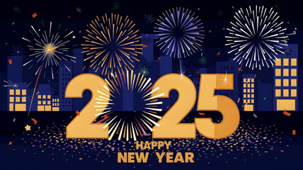Happy New Year 2025 , new year 2025 typography Christmas season Festive Fireworks Background Greeting Card Banner illustration with fire works on sky 