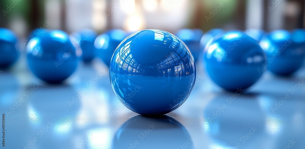 Poster a 3d render of an advertisement showing levitating spheres on a white background.
