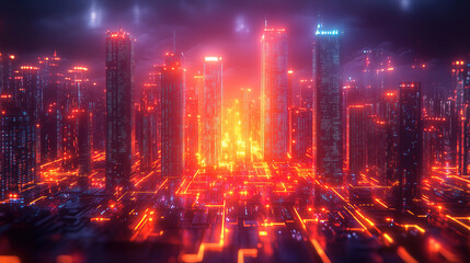Fototapeta premium Futuristic cityscape illuminated by neon lights during a vibrant night sky in a cyberpunk world. Generative AI