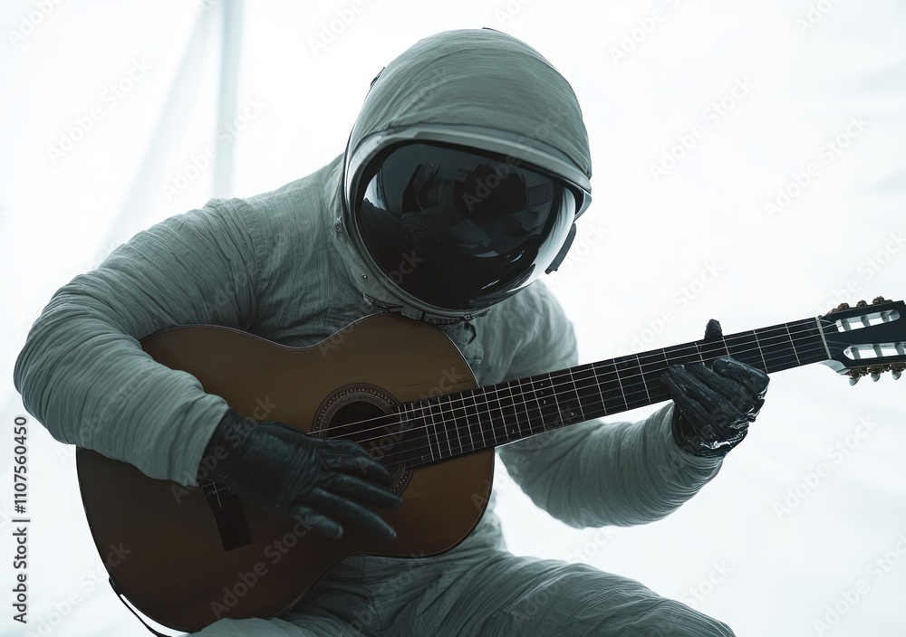 Poster an astronaut playing a guitar in a minimalist setting, emphasizing creativity and exploration.