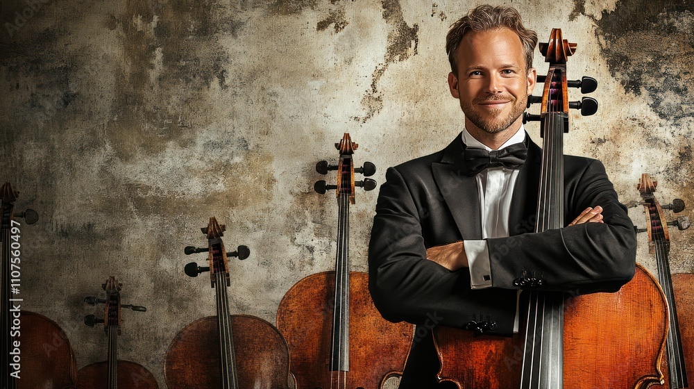 Poster a cellist in formal attire poses confidently with cellos in the background.