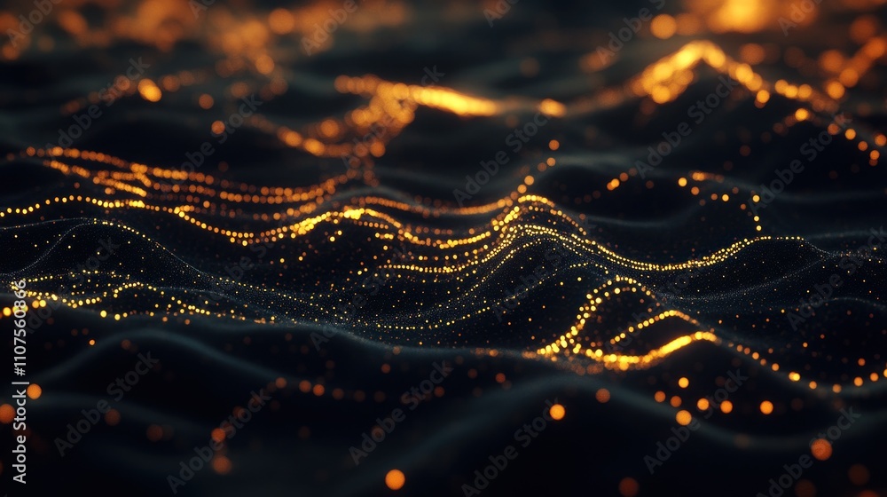 Poster Abstract visualization of flowing golden waves, representing digital data or energy.