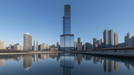 Fototapeta premium Tall modern building reflected in calm water with city skyline