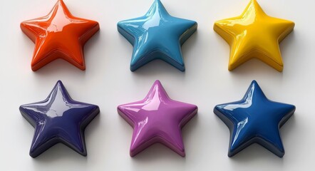 Obraz premium 3D decorative volumetric stars in holographic colors, viewed from different angles, simple decorative objects isolated on a white background.