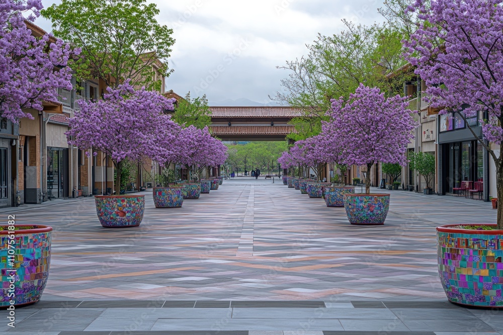 Poster A serene pathway lined with blooming trees and colorful planters in an urban setting.