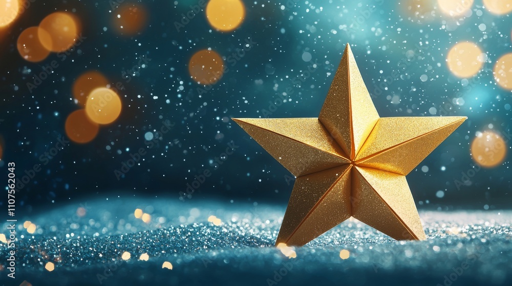 Poster a glittering golden star sits on a sparkling surface, surrounded by soft bokeh lights, creating a fe