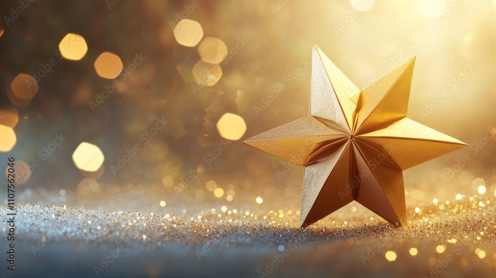 Aufkleber a shimmering gold star ornament on a sparkling surface, illuminated by soft bokeh lights, creating a