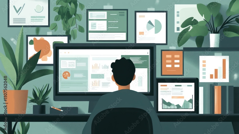 Poster A person working at a desk surrounded by data visualizations and plants.