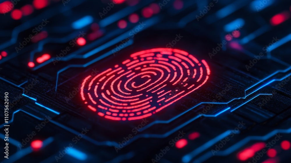 Aufkleber a close-up of a digital fingerprint on a circuit board, illuminated in red and blue, symbolizing sec