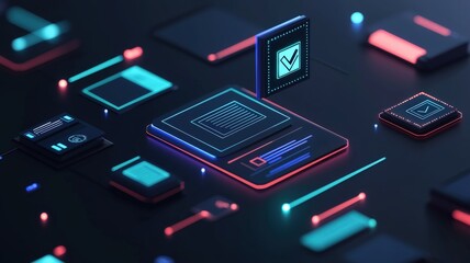 Fototapeta premium Register approval concept. Futuristic digital interface with glowing elements in blue and red, representing technology and data processing.