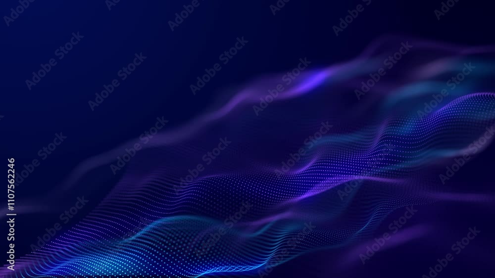 Poster Futuristic wave of dots with moving particles. Abstract technology background. 3D visualization of big data. 3D rendering.